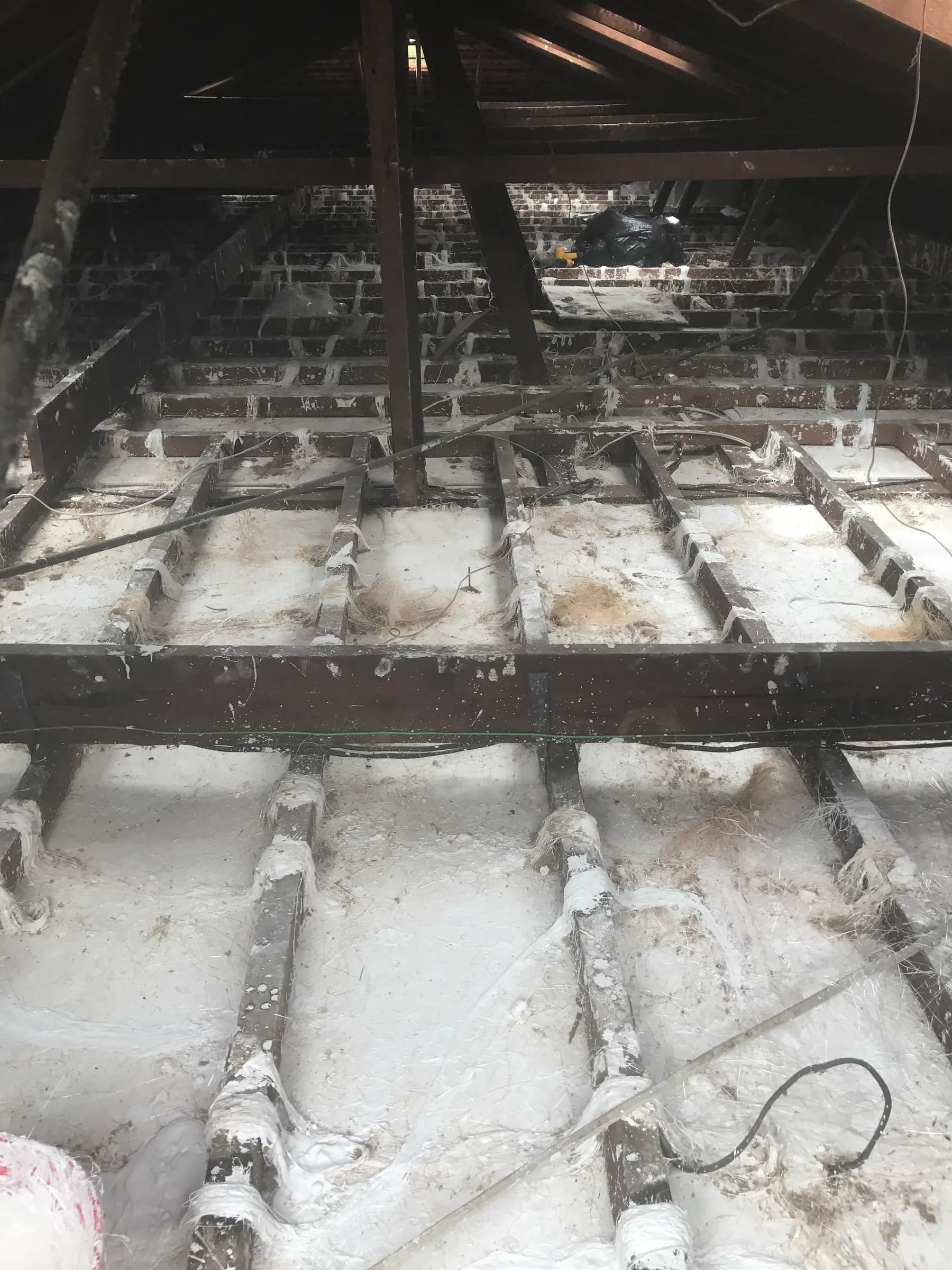 Roof space with ceiling joists after old insulation has been vacuumed out