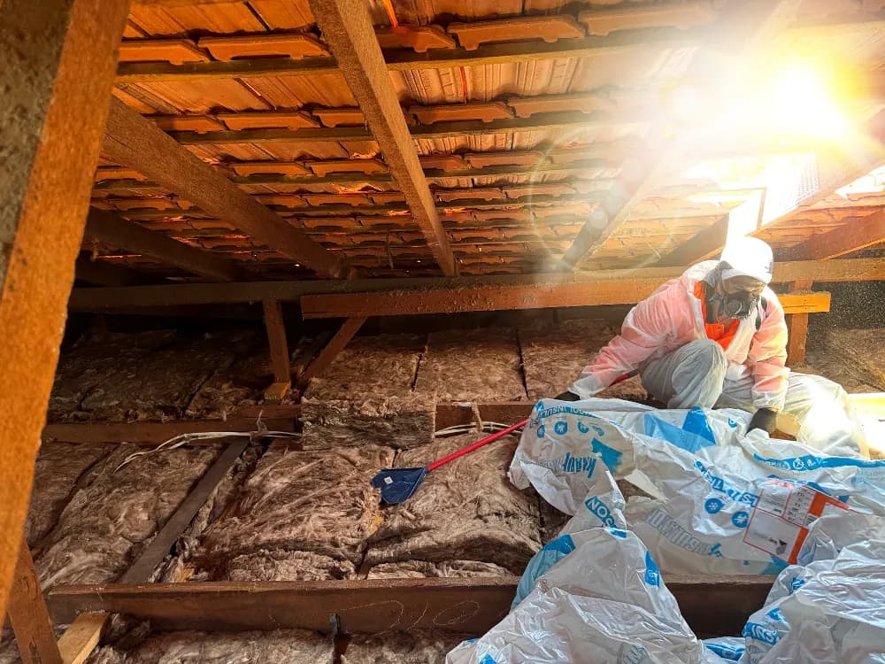 Installer placing ceiling insulation batts