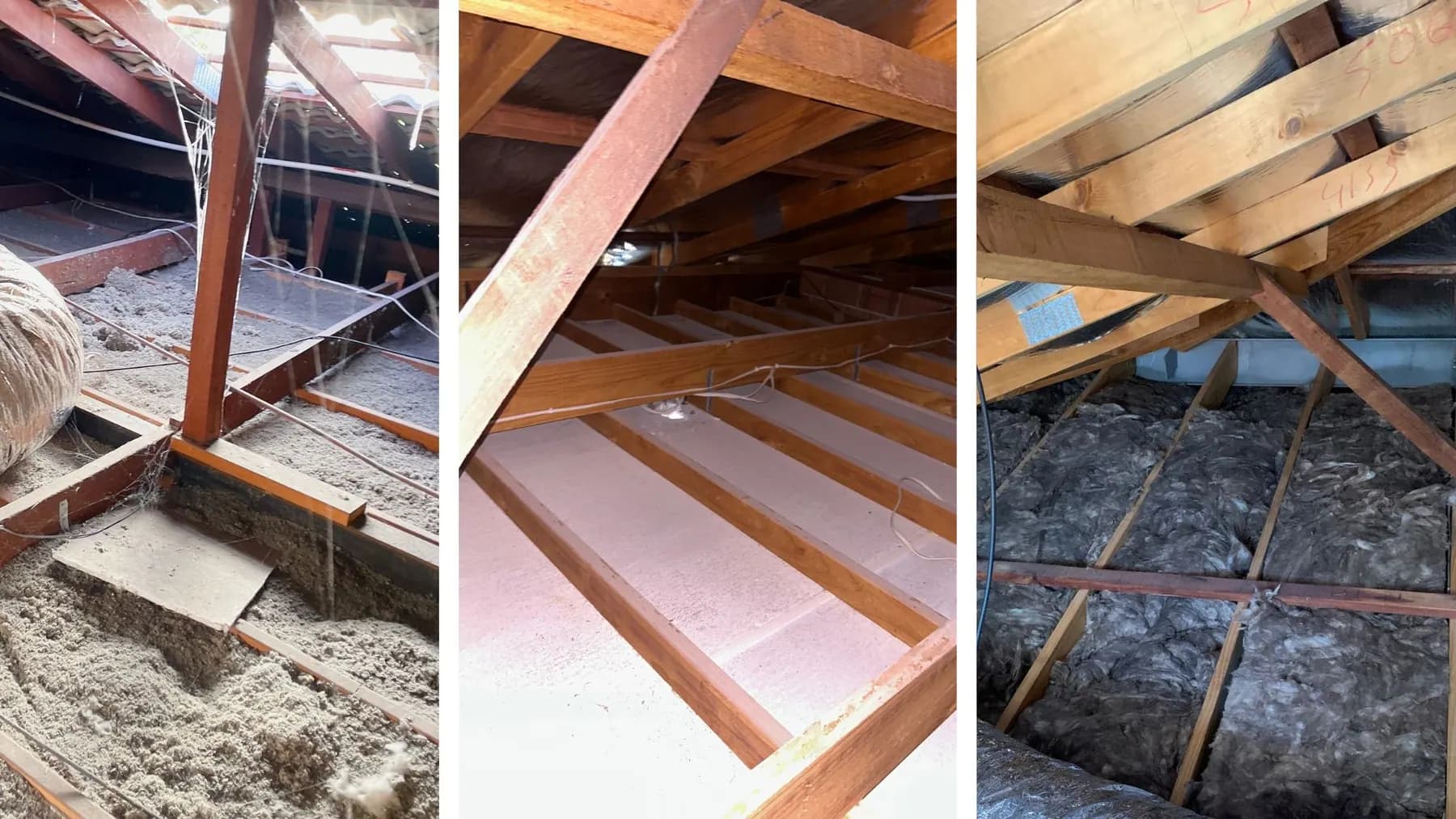 Roof space before and after old insulation removal and new batt installation