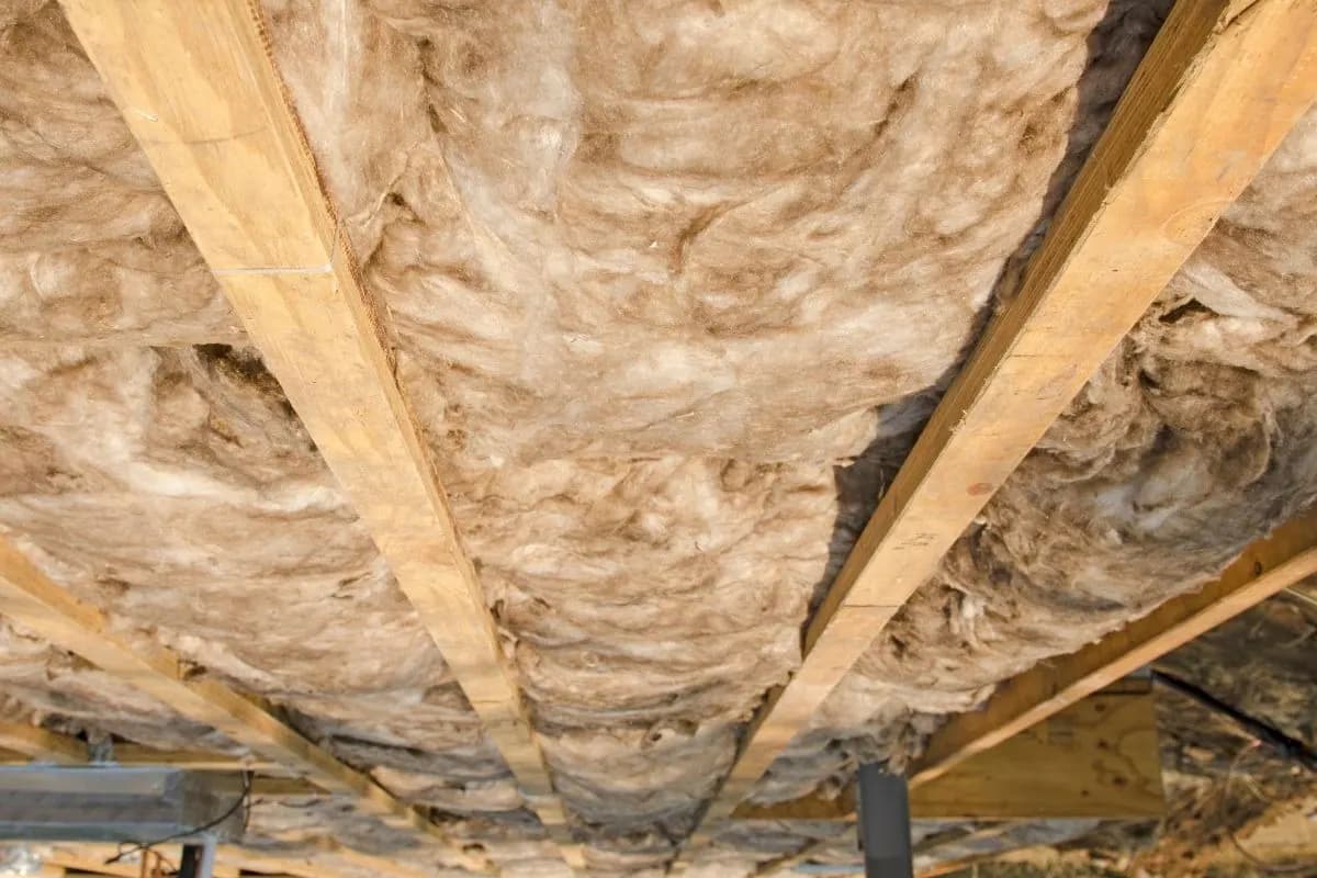 Glasswool batts fitted between timber floor joists, viewed from the subfloor