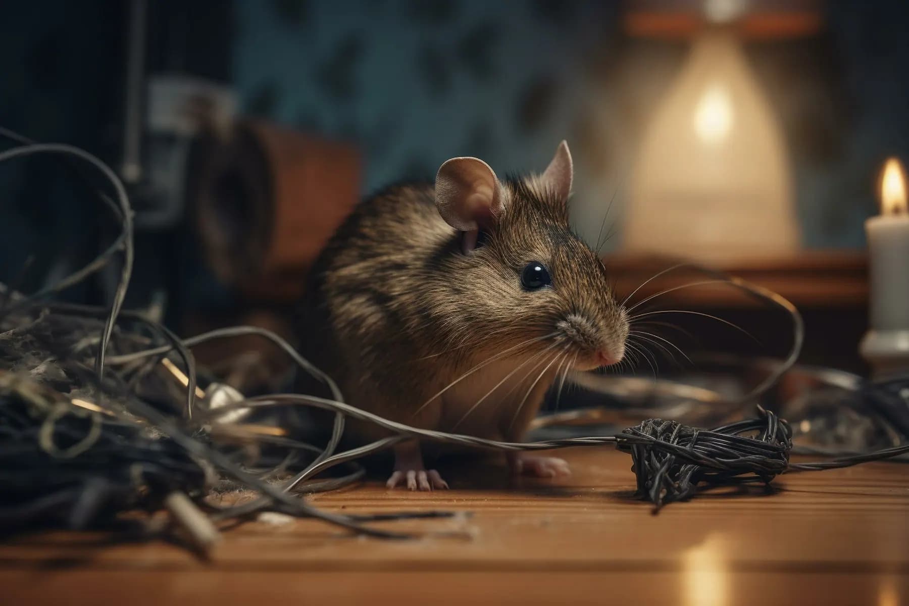 Mouse sitting beside chewed electrical wiring